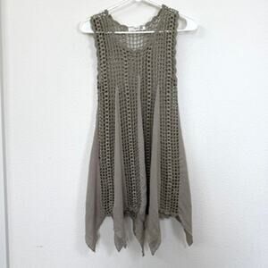 Mak B Taupe Crochet Knit Boho Handkerchief Hem Tunic Top S Festival Layering